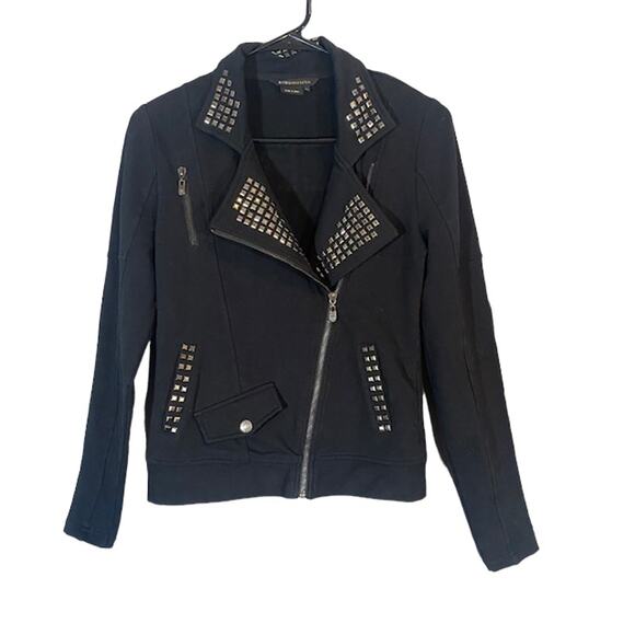 BCBGMaxAzria Black Embellished Logo Long Sleeve Full Zip Moto Jacket Women SZ MP - Picture 7 of 8